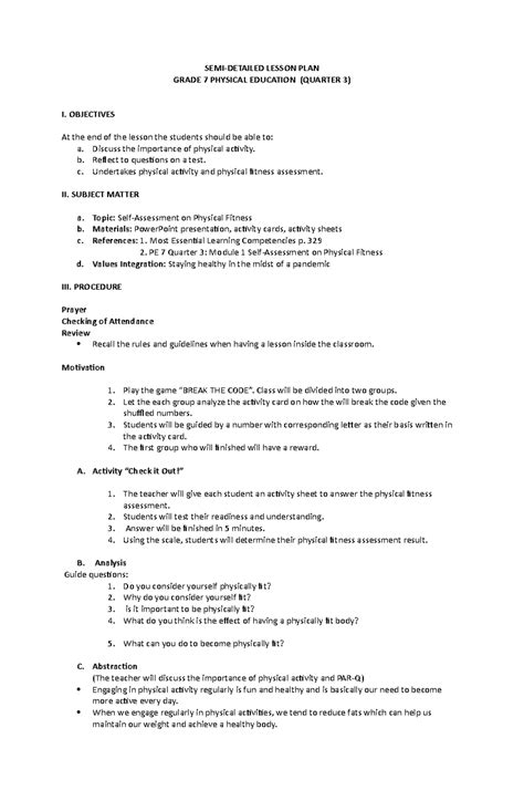 semi detailed lesson plan in physical education grade 7|Semi Detailed Lesson Plan MAPEH .